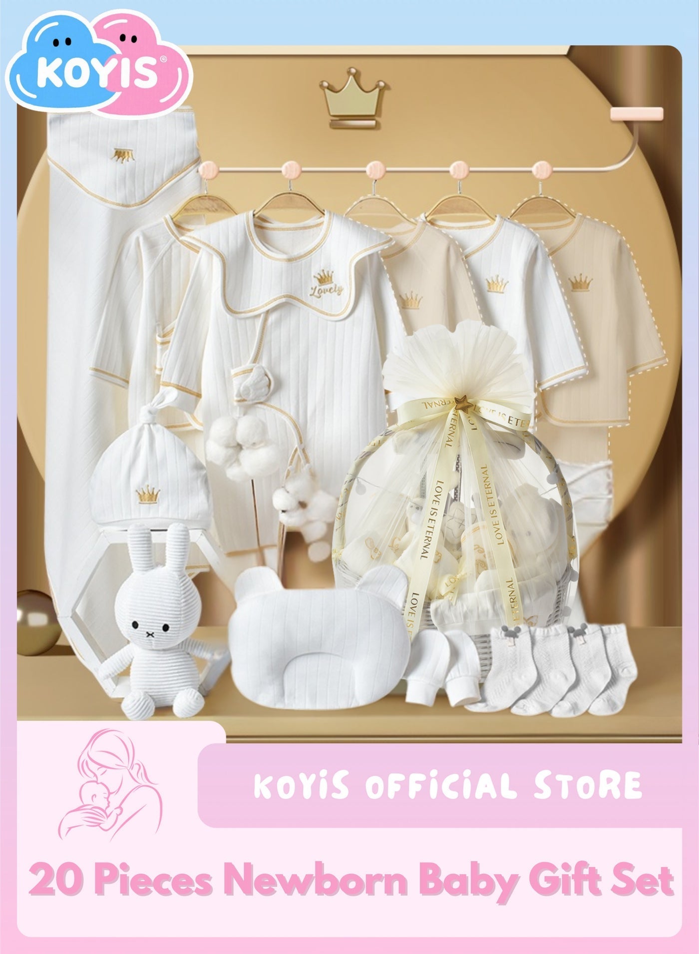 20 PCS Baby Gift Set Basket-for Baby Boys and Girls, Baby Clothes Hat Socks Toy Accessories Blanket & Newborn Essentials Must Haves,100% Cotton,for Spring Summer Autumn Winter Four Seasons- 0-3 Months